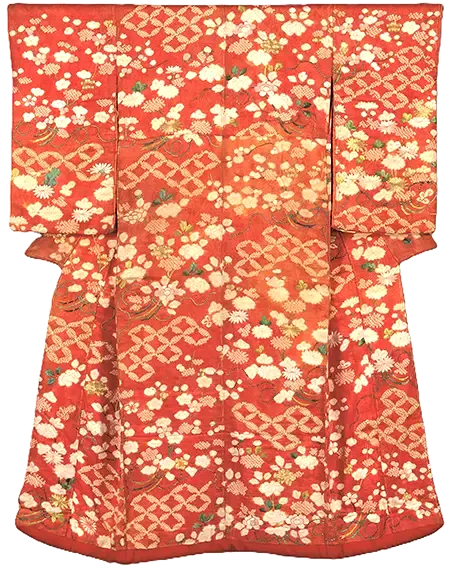 《打掛 紅綸子地疋田七宝繋ぎ四季花束模様》江戸時代後期 千總ホールディングス蔵