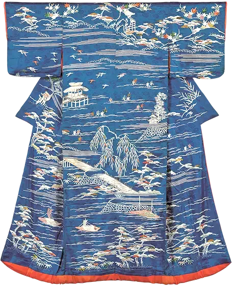 《小袖 納戸綸子地近江八景模様》 江戸時代中期 千總ホールディングス蔵